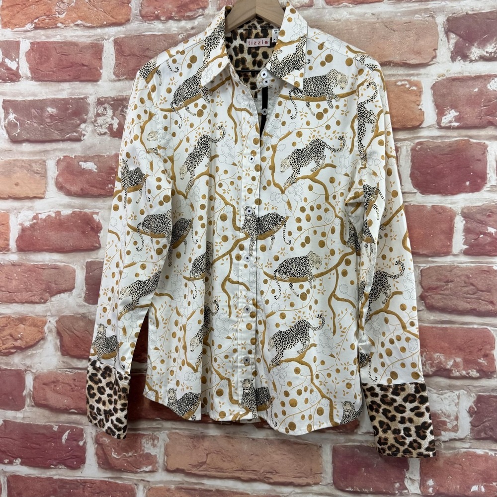 Tizzie Top Women's L White Multicolor Leopard Animal Print Abstract Casual Shirt - Picture 3 of 8